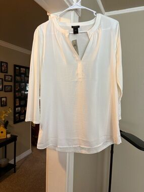 Ann Taylor Cream Split-Neck Blouse